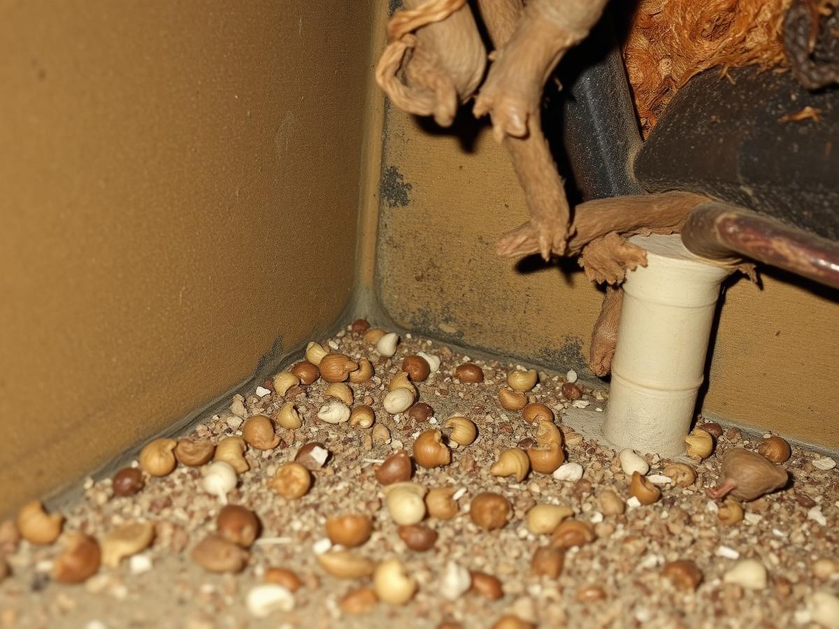 Avant traitement : excréments de souris et matériaux rongés dans un sous-sol