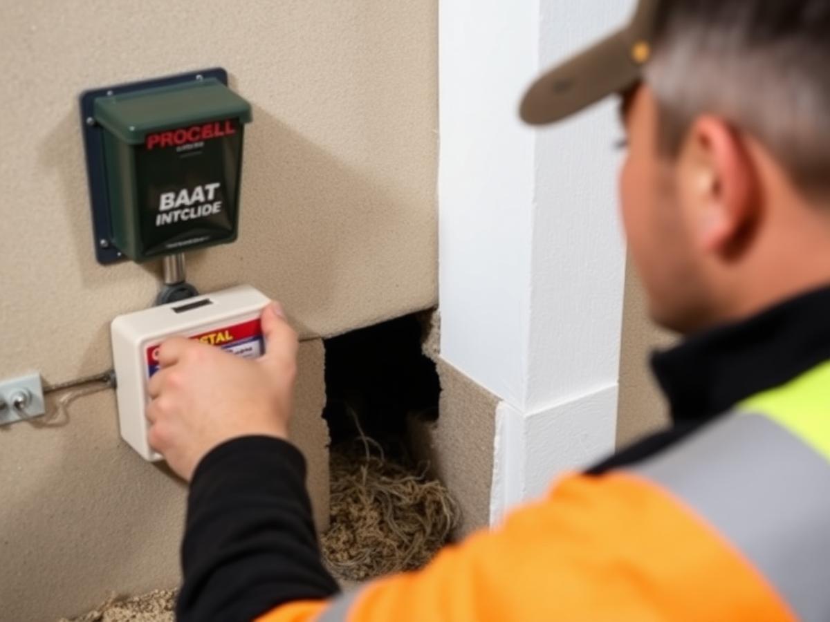 Pendant le traitement : technicien installant des stations d'appâts professionnelles et scellant les points d'entrée