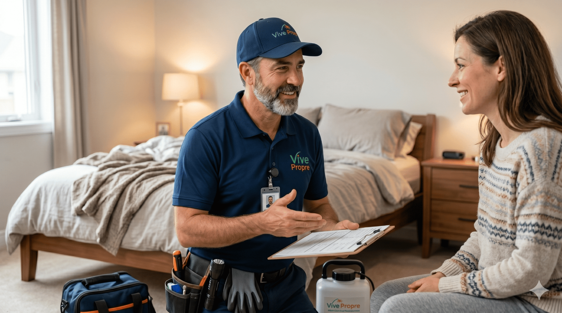 Technicien Vive Propre rassurant une cliente lors d'une inspection à domicile